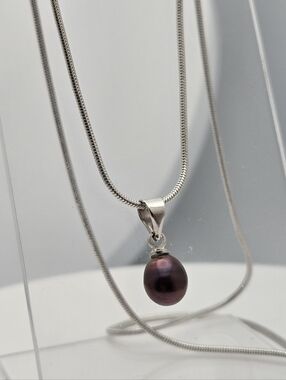 Black Real Pearl Necklace Silver Plated Snake Chain Tahitian Black Freshwater